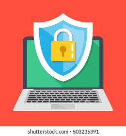 Computer security, protect your laptop concepts. Notebook and shield icon with padlock. Flat design graphic elements for web banners, web sites, printed materials, etc. Modern vector illustration