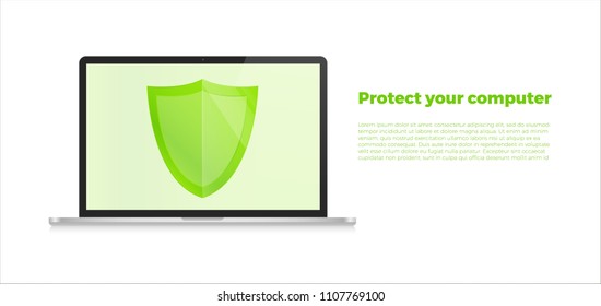 Computer with Security shield. Notebook security, data protection concept. Isolated on white. Vector illustration. Eps 10