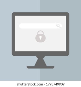 Computer with security sign and search icon. Desktop Screen template with key icon, concept of using ethernet safely. Vector illustration