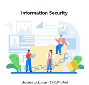 Computer security specialist. Idea of digital data protection and safety. Modern technology for virtual crime prevention. Antihacker protection of information. Flat vector illustration