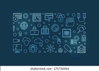 Computer Security Technology vector concept outline blue horizontal illustration or banner on dark background