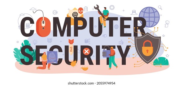 Computer security typographic header. Digital data protection and database safety. Bugs correction, pentesting and cyberattack prevention. Flat vector illustration