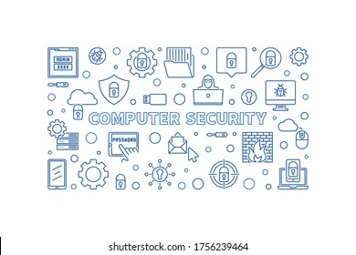 Computer Security vector concept horizontal banner or illustration in outline style
