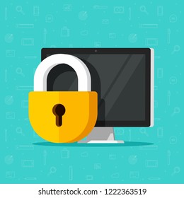 Computer security vector illustration isolated, flat cartoon design desktop pc protected with lock, concept of firewall protection, privacy access, private data, safety service or system