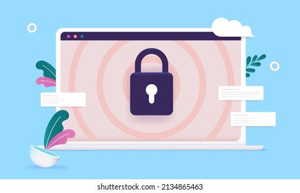 Computer security vector illustration with laptop and padlock on screen.