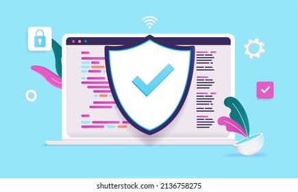 Computer security - Vector illustration of laptop with protection shield and code on screen