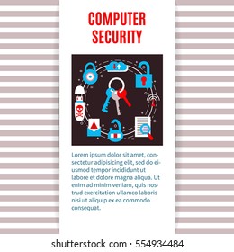 Computer security - vector template with illustration for network security, title and place for your text. Flat style. For web and paper advertising. PC safety illustration.