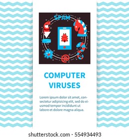 Computer security - vector template with illustration of computer viruses, title and place for your text. Flat style. For web and paper advertising. PC safety illustration.