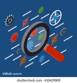 Computer security, virus search, antivirus, data protection, spyware flat isometric vector concept illustration