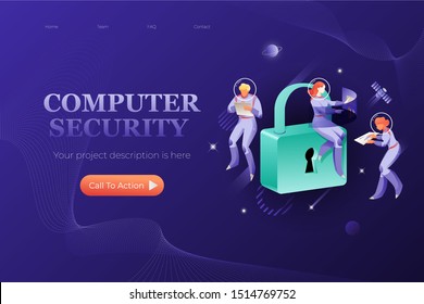 Computer security web header template. Vector metaphor of IT safety, computer technology. Big padlock with keyhole and astronauts around.