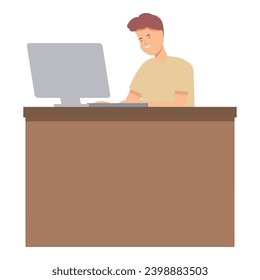 Vector de caricatura de icono de vendedor de computadoras. Primer trabajo de adolescente. Uniformidad de servicio
