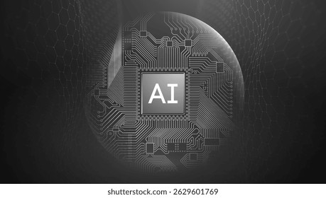 Computer semiconductor circuit board, 3D ai chip technology background. Futuristic artificial intelligent microchip robot cpu processor vector abstract digital blue data cloud concept.