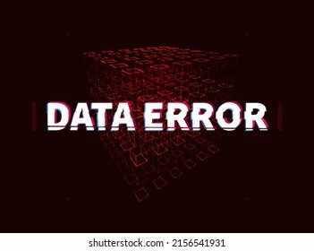 Datenfehler des Computerservers. Datenbankgehacktes Konzept. Fehler bei den Softwaresystemdaten. Wireframe Cube Design Vektorgrafik. Malware Ransomware Virus Blockchain Scam Hintergrund-Konzept.