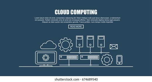 Computer and Server Cluster, Coud Computing Concept. Flat Thin line Designed Vector Illustration