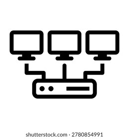 A computer server connected to three monitors, symbolizing network and technology infrastructure