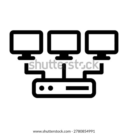 A computer server connected to three monitors, symbolizing network and technology infrastructure