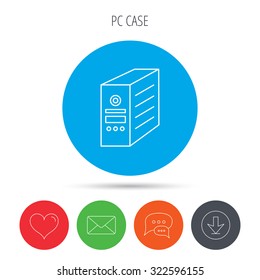 Computer server icon. PC case or tower sign. Mail, download and speech bubble buttons. Like symbol. Vector