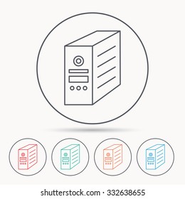 Computer server icon. PC case or tower sign. Linear circle icons.
