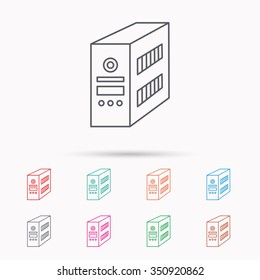 Computer server icon. PC case or tower sign. Linear icons on white background.