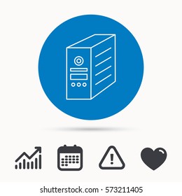 Computer server icon. PC case or tower sign. Calendar, attention sign and growth chart. Button with web icon. Vector