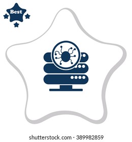 Computer server is infected by malware with virus symbol vector icon.