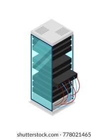 Computer server rack isometric 3D icon. Data centre sign, internet network, cloud database, computer technology vector illustration.