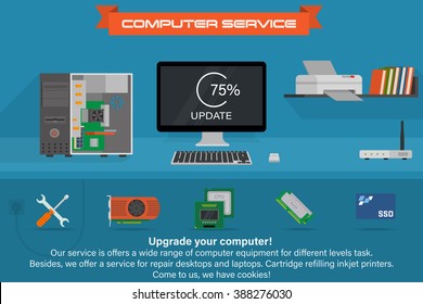 Computer service banner. Running the process of updating. Desktop computer with printer and books. 
Components with graphic card, processor, RAM and SSD. Vector illustration.