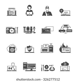 Computer service black white icons set with technical support and settings symbols flat isolated vector illustration 