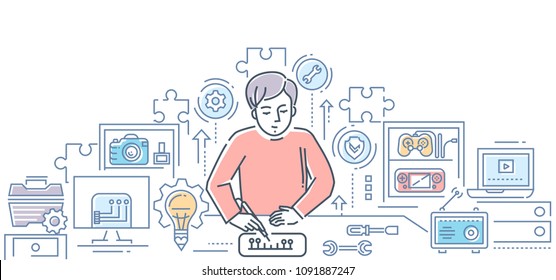 Computer service center - line design style illustration on white background. Colorful composition with a worker repairing a chip. Images of different tools and gadgets to fix. Puzzles and gears