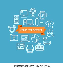 Computer Service Concept with Inscription. Vector illustration