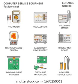 Computer service equipment flat vector icons set