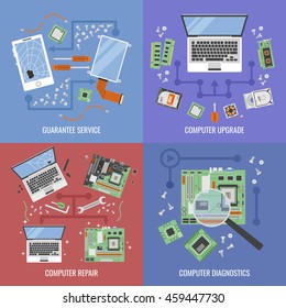 Computer service icon set with descriptions of guarantee service computer upgrade computer repair and diagnostic vector illustration