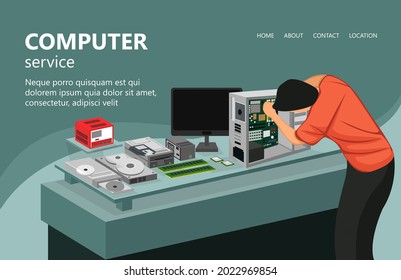 Computer service illustration, a man is repairing a pc. Perfect for landing pages, headers, flyers, banners, flyers, infographics and other graphic assets in an isometric vector style