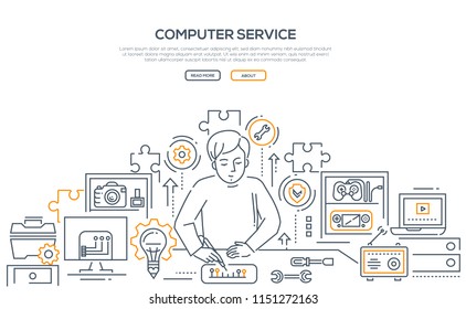 Computer service - line design style illustration on white background and place for your text. Banner with a worker repairing a chip. Images of different tools and gadgets to fix. Puzzles and gears