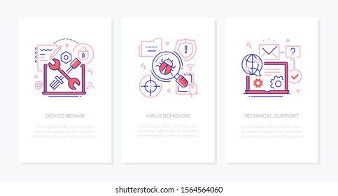 Computer service - line design style banners set. Thin linear illustrations with place for your text. Device repair, virus removing, technical support icons. Tech company idea, maintenance for IT