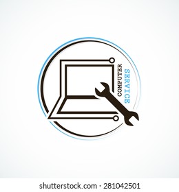 Computer service logo or icon with wrench and laptop sign art