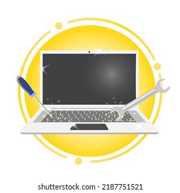 Computer service logo. Repair of computer equipment. Laptop repair. Isolated vector illustration.