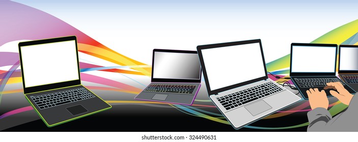 Computer service man working laptop or Notebook computer modern design many color and have rainbow background