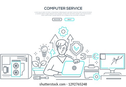 Computer service - modern line design style banner on white background with copy space for text. A composition with a male specialist working at laptop, system unit, broken computer screen, tools