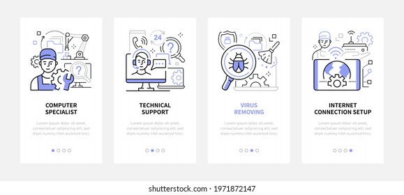 Computer service - modern line design style web banners with copy space for text. IT specialist, technical support, virus removing, Internet connection setup carousel posts. Repair and maintenance