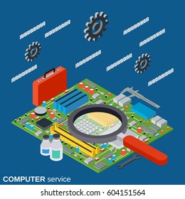 Computer service, repair, first aid flat 3d isometric vector concept illustration