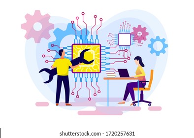 Computer service. Repair, maintenance of equipment in service center. Customer service, problem solving, electronic components, chip repair, warranty service. Illustration thin line vector doodles