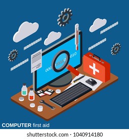 Computer service, repair, technical support, first aid flat 3d isometric vector concept illustration