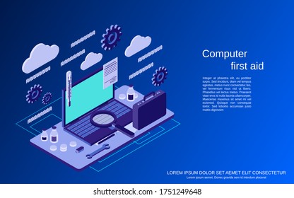 Computer service, repair, technical support, first aid flat 3d isometric vector concept illustration