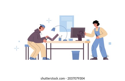 El servicio de computación repara o maestra a personajes de dibujos animados en el trabajo, ilustración de vectores planos aislados en fondo blanco. taller de servicios de reparación y reparación de computadoras.