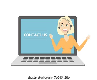 Computer service support. Woman in headset on the laptop screen. Contact us.