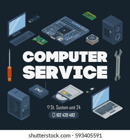 Computer service template. Template with a computer, monitor, keyboard, screws and other electronic device