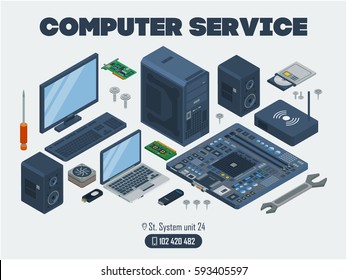 computer service template. Template  with a computer, monitor, keyboard, screws and other electronic device