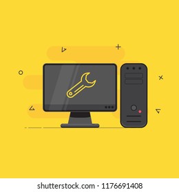Computer service. Trendy flat vector on yellow background.