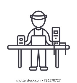 computer service,pc specialist,enigneer vector line icon, sign, illustration on background, editable strokes